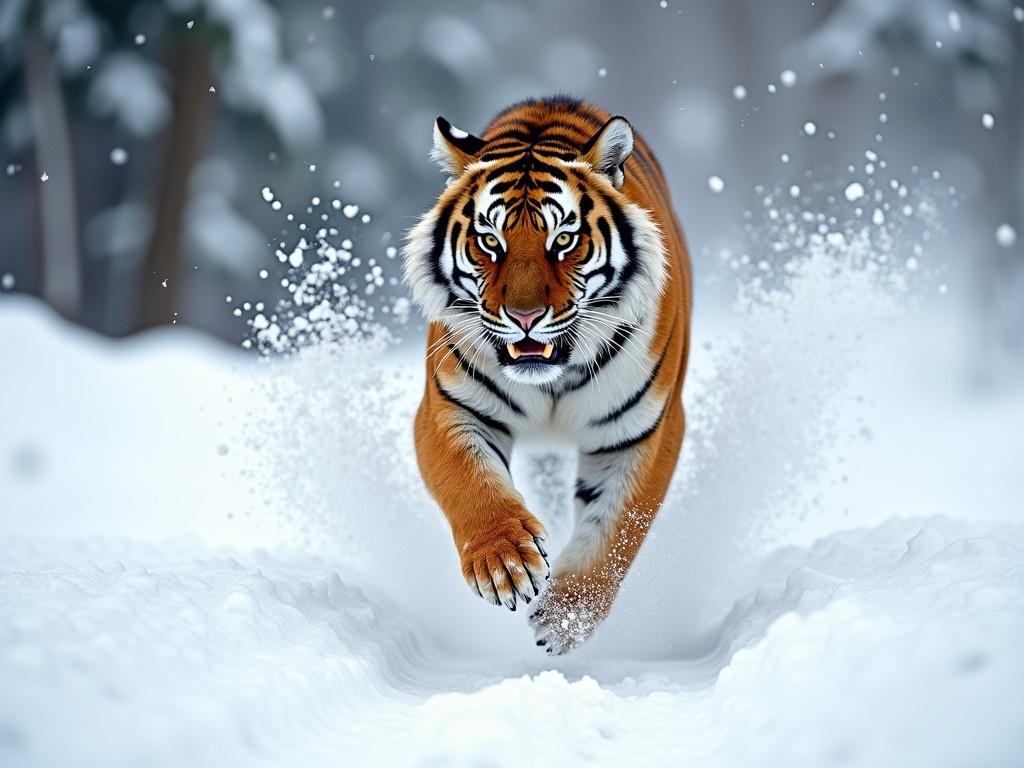 An Amur tiger is running majestically through the snow-covered landscape. Its powerful legs leap gracefully in the thick snow, creating a flurry of snowflakes spraying into the air. The tiger's striking orange fur contrasts beautifully with the white backdrop of snow. Its expression is fierce and focused, embodying the spirit of a wild predator. Surrounding the tiger is a serene, wintry environment with soft snowfall in the background, enhancing the sense of movement.