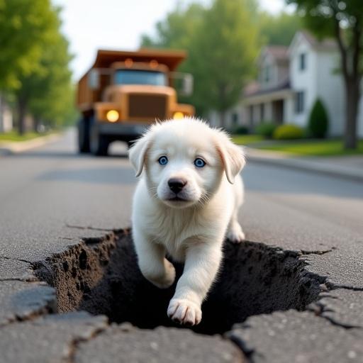 A white puppy with blue eyes steps carefully near a large hole in a suburban street. The puppy's expression is cautious and curious. A rusty dump truck drives away in the background. Cracked asphalt surrounds the hole. Suburban houses and green trees line the street. Realistic high detail imagery.
