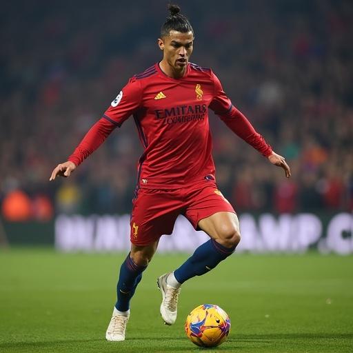Professional soccer player in action. Player wearing red jersey with yellow details. Playing soccer on the field. Motion captured during a match. Sporting match atmosphere.