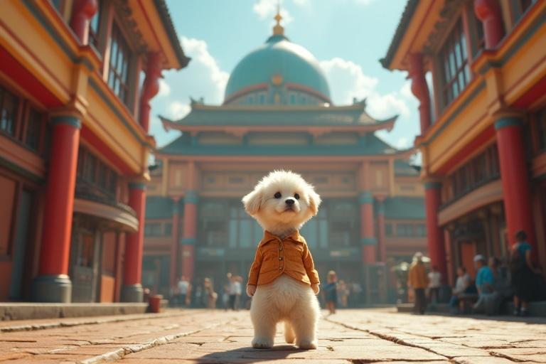4K ultra-HD scene features Tuku a white puppy on two legs in a worn-out shirt. Tuku gazes at a grand railway office building. Bright sunlight shines on the vibrant colors of the scene. The train station bustles with activity in the background. Ultra-realistic detail and dynamic camera movement add depth.