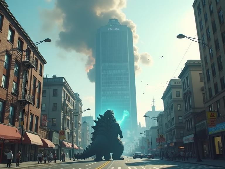 Cinematic scene showing a detailed grey Godzilla on the street. Godzilla blasts blue glowing breath at a tall skyscraper. Realistic explosion on the building. People are running and traffic is visible. Streets lined with stores and signs. Ash debris falls from the sky. Light poles stand on the street. Thick smoke clouds gather in the sky with fog. White sunny and blue sky above. The scene emphasizes shadows and realism with intricate textures.