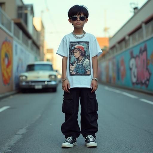 Wide-angle image featuring a boy styled in Japanese street fashion. The boy is the main subject and occupies half of the frame. He wears an oversized graphic T-shirt with minimalist pants. Accessories include silver chains and sunglasses. The background showcases an urban Japanese street with graffiti and vintage cars. Dynamic lighting enhances the artistic feel.