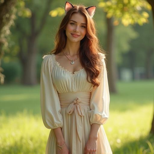 Woman stands in peaceful park wearing elegant outfit with flowing fabric details and soft pastel colors. Cat ears headband and ribboned choker with a tiny bell. Warm smile and long chestnut hair tousled by breeze. Delicate jewelry reflects noble heritage. Playing on grass under dappled sunlight. Cinematic lighting creates a dreamy summer atmosphere. Highly detailed and realistic style.