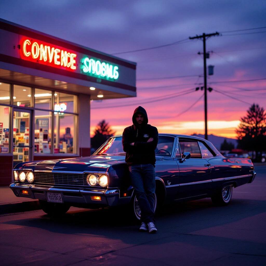 Classic lowrider parked in front of a convenience store at dusk. Purple-orange sky in the background. One person leaned on the hood with crossed arms. Their face is shadowed by a hoodie. The overall vibe is calm but dangerous.