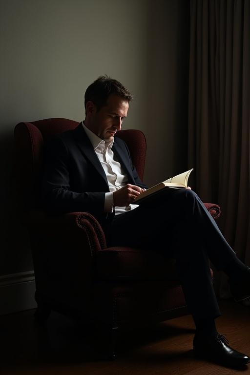 Man dressed in a suit sits comfortably in an armchair while reading a book in a softly lit environment.