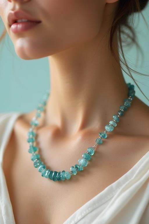 A graceful model wears a necklace made of aquamarine transparent tumble stones. The stones are strung on a delicate chain. The model has a serene expression, showcasing the necklace's beauty. The aquamarine stones glisten with a dark blue hue. The background is minimalist, in soft pastel color. The lighting is soft and diffused. The image is high-quality and photorealistic, suitable for a luxury brand.