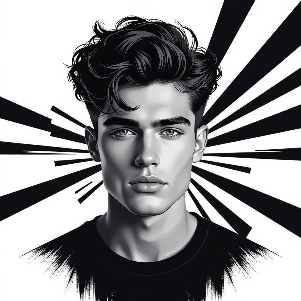 Create a hyper-detailed graphic design featuring a striking portrait of a young man with confident demeanor. Hair is voluminous adding texture. Portrait is in high-contrast black and white with minimalist background. Expression is calm yet determined with eye partially obscured by red rectangular overlay. Background is smooth grey canvas enhancing focal elements. Text 'Rocky' is repeated in bold black letters on left side. Prominent Nike logo in red near top, stylized red 'R' lower. Vertical red line punctuates design. Red geometric frame surrounds obscured eye. Phrase 'धर्मो रक्षति रक्षितः' in bold red at bottom right. Jacket is partially visible black leather with open collar. Soft dramatic lighting highlighting textures. Red accents pop against grayscale tones. Photorealistic high-resolution quality 16:9 aspect ratio 8K ultra realistic.