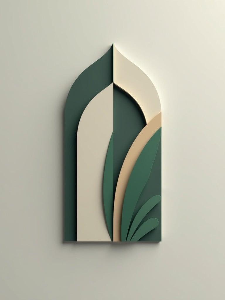 Minimalist and alternative 3D logo design inspired by Iranian architecture. Shapes represent palm leaves. Color palette features graphite gray, ivory white, emerald green, and beige. Emphasis on simplicity and elegance. Text 'Palma Studio' subtly integrated in a modern manner.