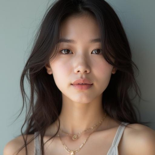 Portrait of a beautiful young Asian woman with a soft expression. She has long dark hair and is wearing a simple, elegant outfit. The background is minimal and flattering.