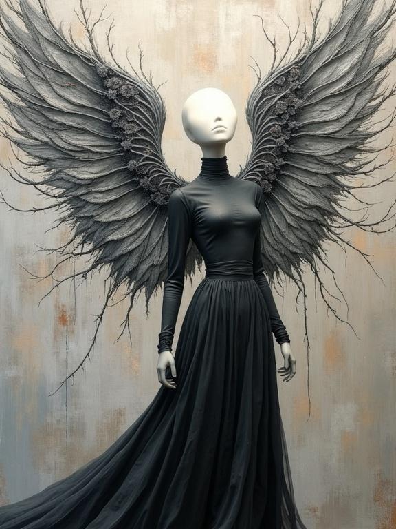 Painting of a faceless Fallen Angel. Sculptural wings made of branches and gradient grey flowers. The angel wears a charcoal high neck dress. Background has silver copper patina. Highly detailed digital painting.