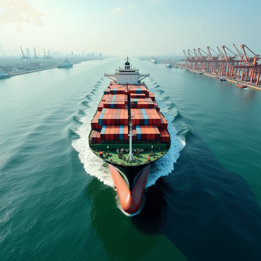 A large cargo ship carrying colorful containers navigates through a bustling port.