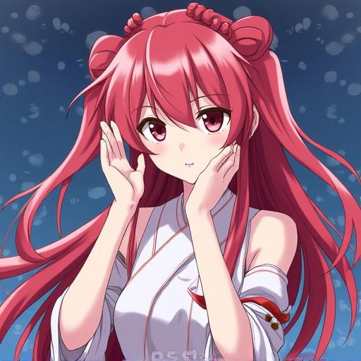 Anime character Amaterasu with red hair and cute expression. Character design in digital art style. Soft lighting and vibrant colors. Frontal perspective.