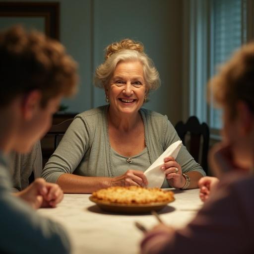 Realistic scene in a traditional American dining room during the day. An older woman sits at the dining table with a stiff smile holding a napkin. In front of her is an untouched pie. A confident woman speaks while a middle-aged man avoids eye contact. Two teenagers are disengaged, a boy on his phone and a girl picking at her fingernail. The atmosphere feels tense. Harsh lighting highlights emotional distance with a tilted camera angle.