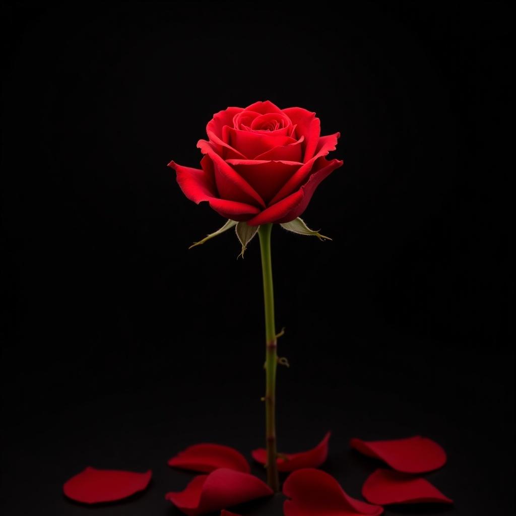 This image features a single, vibrant red rose set against a dark, moody background. The rose is in full bloom and has a few petals that have already detached and are scattered around it. The lighting is dramatic, emphasizing the bright color of the rose while contrasting sharply with the background. The petals on the ground fall gracefully, adding to the romantic feel of the image. This composition evokes a sense of elegance and passion, making it perfect for themes of love and beauty.