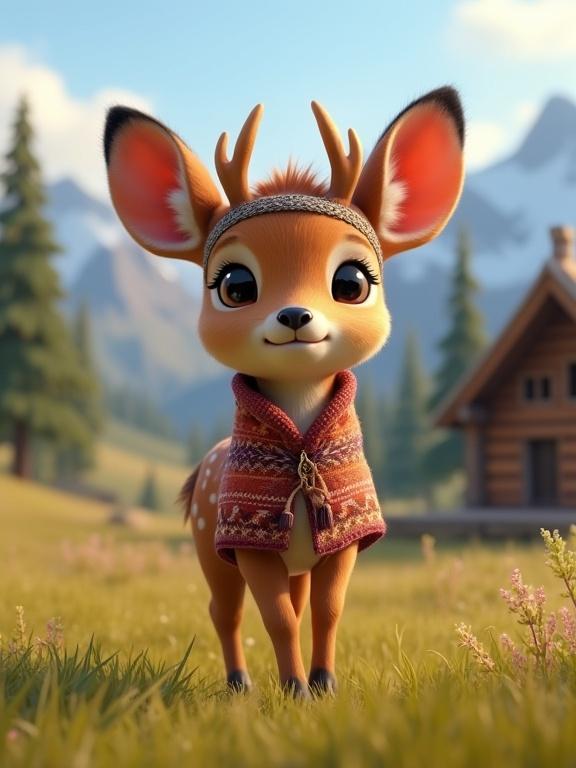 3D illustration of a baby pudú with tiny antler buds. Soft brown fur with white spots. Big eyes and a sweet expression. Wearing a Mapuche poncho and a mini headband. Standing in grass near a wooden cabin. Background includes Araucaria trees and snowy mountains. Warm natural lighting. Cozy mountain setting.
