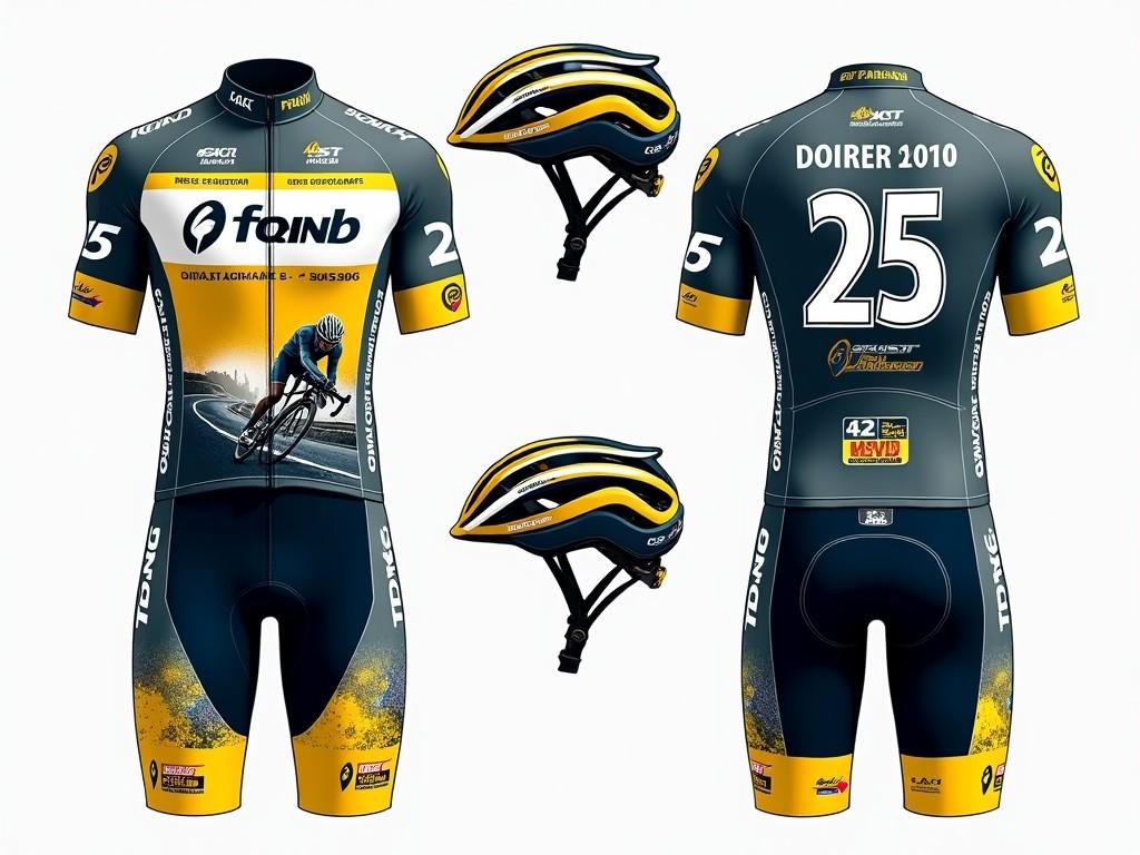 Create a professional image of a cycling kit showcasing a vibrant design suitable for a cycling championship. The kit features a prominent bicycle number on the front and side numbers for the helmet, ensuring the cyclist's identification is clear. Additionally, there's a dorsal number position for the back of the jersey above the pockets, integrating seamlessly into the overall design. Spaces are deliberately included for advertising logos, capturing the essence of team spirit and sponsorship in the world of cycling. Overall, the design emphasizes motion and competitiveness associated with cycling.