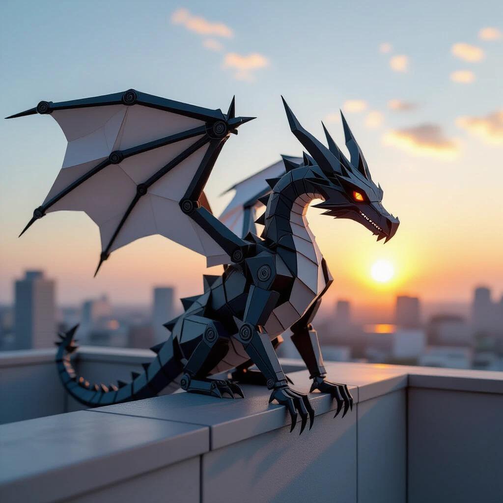 Folded paper dragon with robotic joints. Sharp wings made of reinforced materials. Perched on a building rooftop at sunrise. Soft light reflecting off its body. High detail and realistic textures. Blend of Japanese art and mechanical designs.