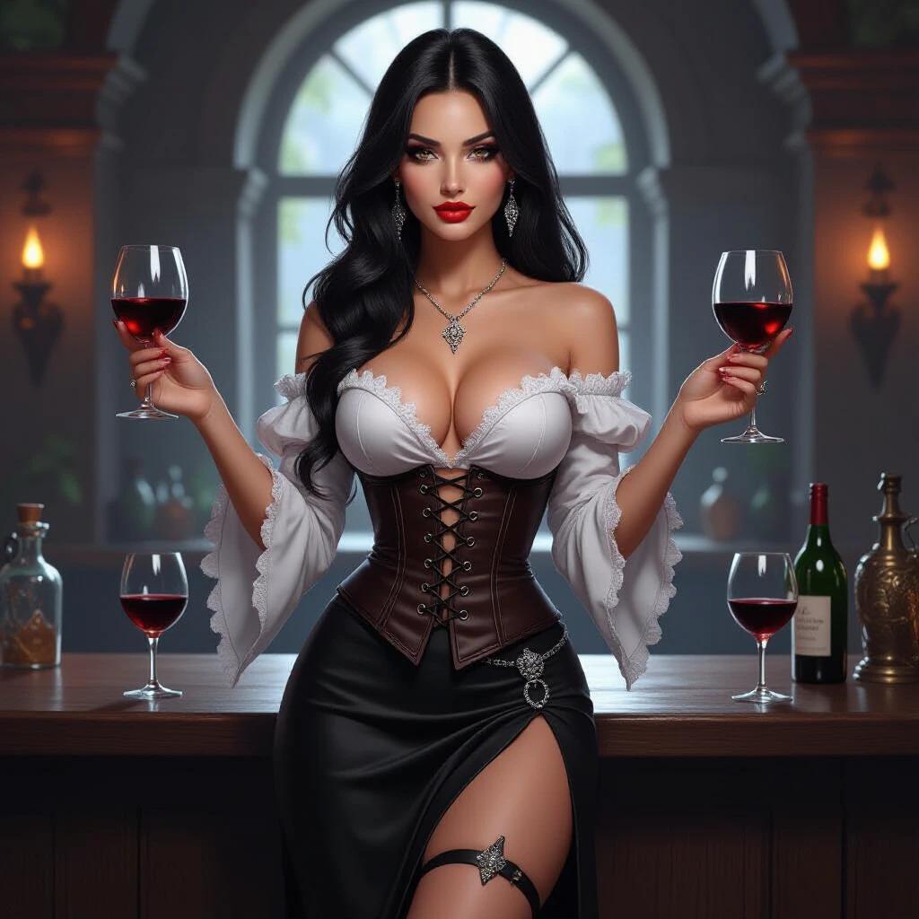 Tall human female stands in a tavern holding two glasses of red wine. Skin is flawless and white. She has long raven-black hair and wears a low-cut bodice with a corset. Short skirt reveals shapely legs. Silver jewelry adorns her. Her outfit is elegant and subtly hints at magical abilities. The atmosphere is warm and inviting.