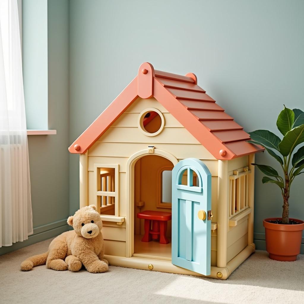 Kids playhouse with a light blue door and a red roof in a room with a potted plant. A plush teddy bear sits nearby on a carpet.