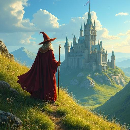 A wizard stands on a lush grassy hill gazing at a mythical castle 20 miles away. The scene shows rich colors and fantasy elements. The wizard wears ornate robes and holds a staff with a determined expression. The castle appears grand with towering spires. The landscape features rolling hills and a blue sky with scattered clouds. The composition focuses on the wizard in the foreground and the castle behind, creating depth. The warm sunlight enhances the fantasy atmosphere.