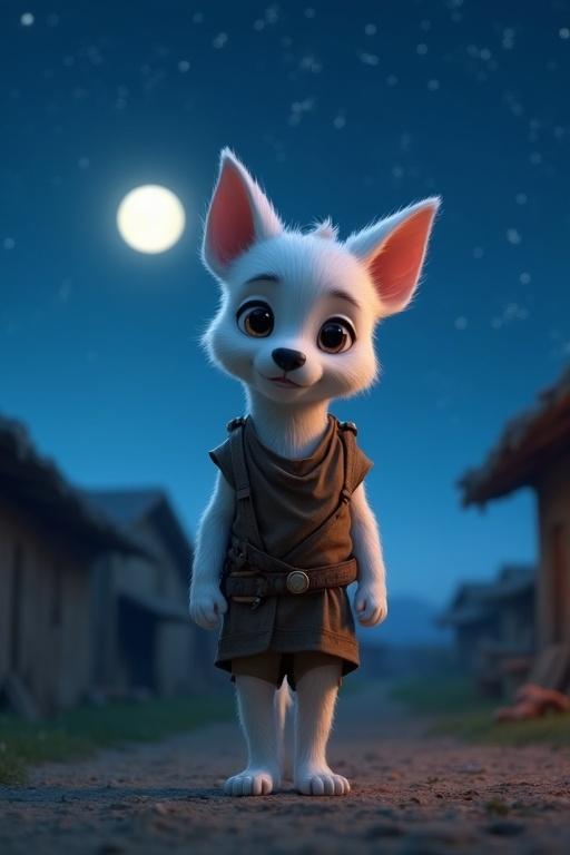 A 4K 3D cinematic close-up of Tuku, a small white puppy, standing on two legs at night. Tattered brown clothes are cleaner. His eyes show determination. Background features a quiet village with moonlight glow. Vibrant blues and silvers enhance the scene.