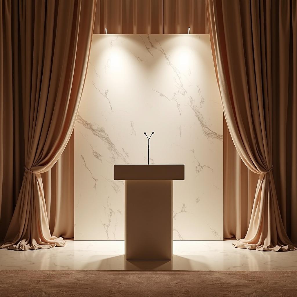 Image shows an elegant background wall designed for a room behind a podium. Wall has smooth marble finish. Soft curtains frame the area, enhancing warmth. Ambient lighting creates inviting atmosphere. Design is ideal for events or presentations. Provides striking visual backdrop.