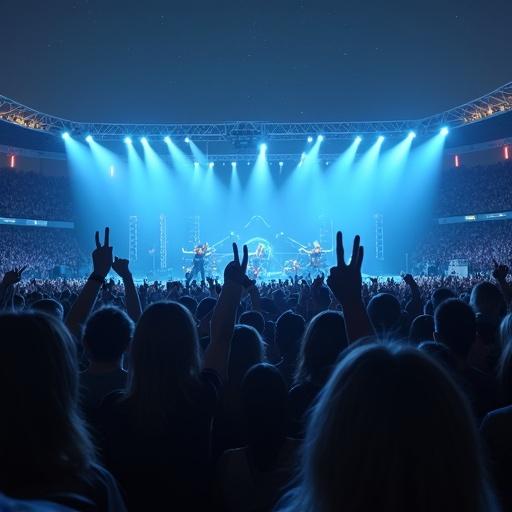 A visual kei band performs live on a big stage during a nighttime concert. Audience members make the sign of the horns. Bright blue lights illuminate the stadium. Crowded atmosphere filled with excitement.