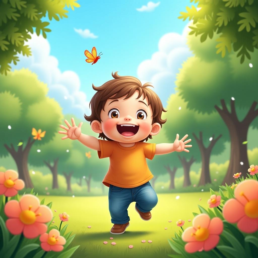 A joyful child with a welcoming pose. Bright sunny day in a vibrant garden with flowers and a butterfly. Child's bare feet in the grass. Nature scene suggests happiness and innocence.