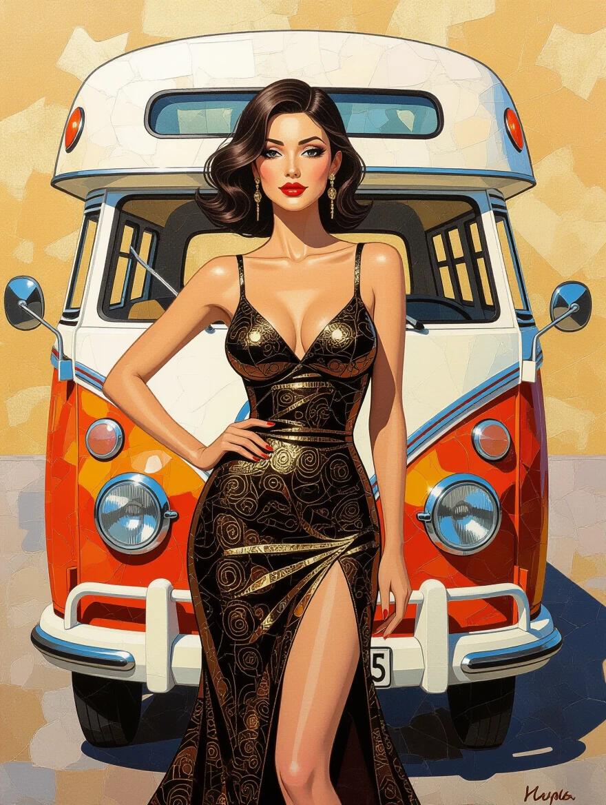 Stylish woman stands in front of a vintage camper van. She wears a black gown with intricate gold patterns. The background features warm colors and a modern design.