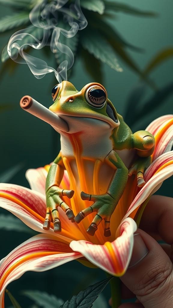 This whimsical image features a cartoonish frog perched on a vibrant, striped flower. The frog is comically holding a cigarette, with smoke curling upwards. The lush green background enhances the foreground details, and a blurred hand suggests interaction with the flower. The image is colorful and imbues a sense of humor and surrealism.