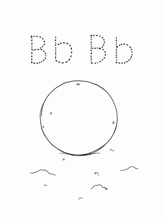 Black and white educational coloring page for preschoolers. Uppercase and lowercase letter B in dotted tracing font at the top. Large outlined cartoon-style ball in the center. Clean vector line art. Kid-friendly design. White background. No shading. Minimalistic layout. Tracing worksheet for early learners. Printable coloring book page.