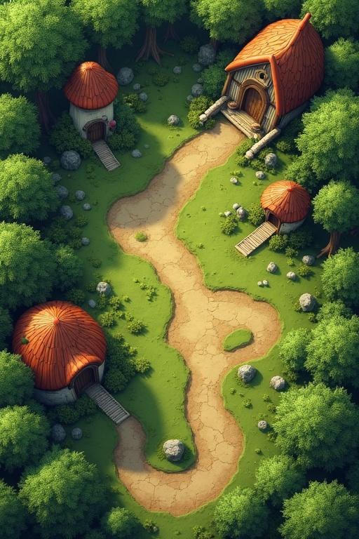 Detailed top-down view of a huge game map. Forest landscape with grass, small bushes, and rocks. Features round houses with mushroom roofs. Soft realistic lighting. Rich in texture with semi-realistic style.