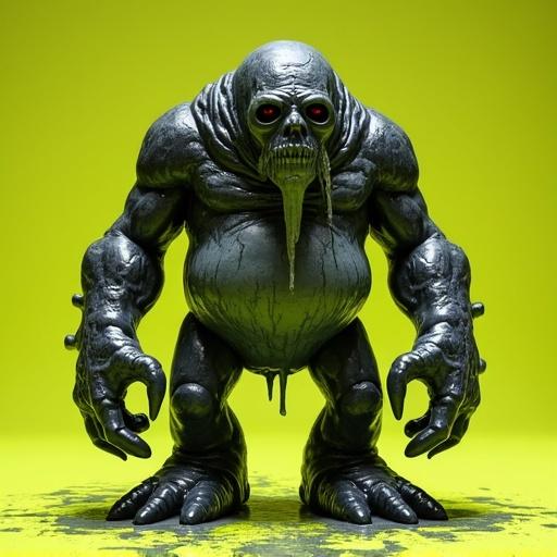 Design a monster toy with a bloated, sludge-dripping body. Oily skin and tentacle-like arms. Distorted gas mask face with no human traits. Stiff pose with a plastic look. Colors include black, greenish gray, and neon yellow.