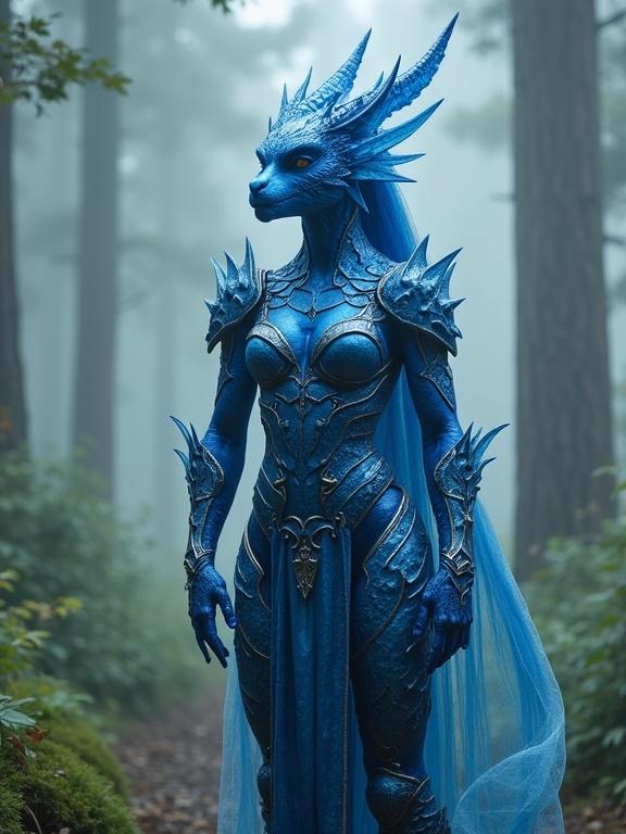 A female Gem Dragonborn character stands in a misty forest. The character has a half sapphire, half crystal appearance with a massive bust. Armor features elegant designs and scales. The background is lush with trees and soft fog.