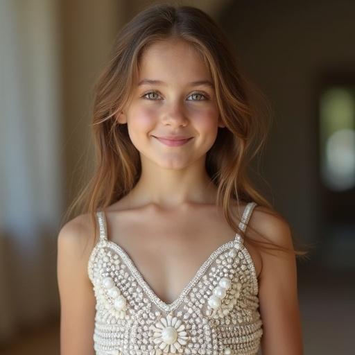 Girl wearing a sleeveless top designed with white stones. The top has intricate detailing. Soft natural light enhances the overall look.