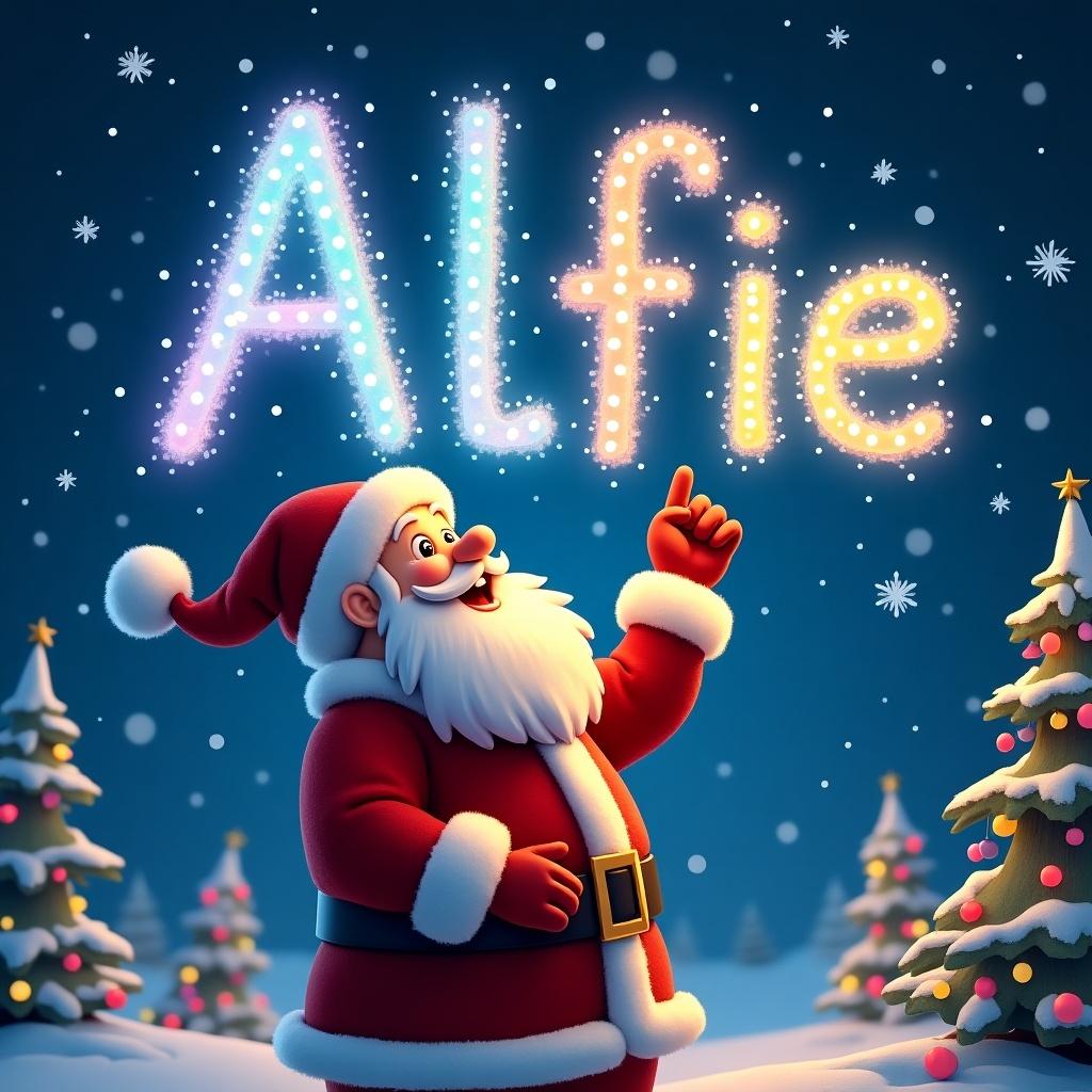 Christmas scene featuring Santa Claus writing the name Alfie in colorful letters with a glow pen. Santa gazes upward towards the bright letters against a festive backdrop.