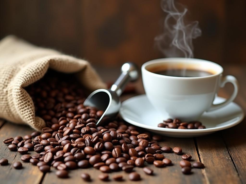 A close-up view of a rustic wooden table covered with a spread of shiny brown coffee beans. In the background, a burlap sack filled with even more coffee beans is sitting open, some beans spilling onto the table. A shiny metal scoop lies next to the sack, reflecting light. To the right, there is a steaming white coffee cup sitting on a small white saucer, surrounded by a few coffee beans. The atmosphere is warm and inviting, with a hint of natural light highlighting the textures of the wood and beans.