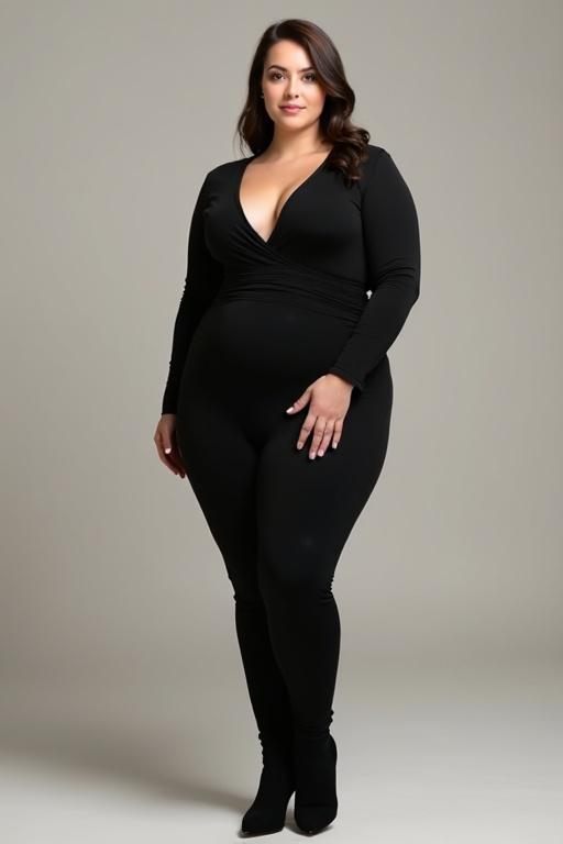 A full-body image of a woman standing in a fitted black outfit. The woman has a curvy pear-shaped body. The background is minimal and neutral. She has a relaxed and confident posture with soft facial features.
