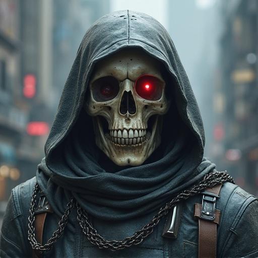 Cybernetic skull soldier in a futuristic urban setting. Hooded figure with glowing red eyes. Atmospheric background with urban elements.