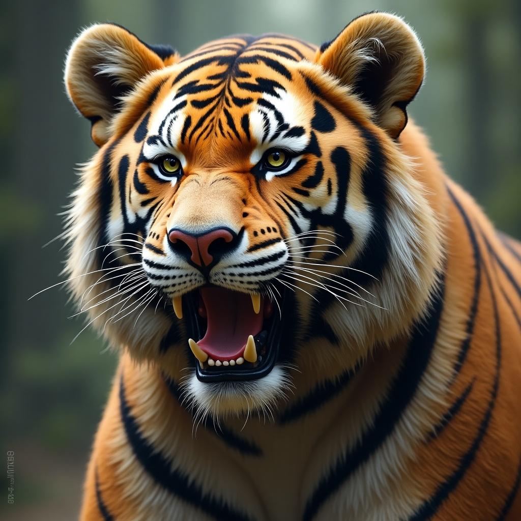 A majestic tiger with typical orange and black stripes. The tiger shows its fierce expression. Full face view with sharp features. Background is a soft forest environment. Lighting captures the authenticity of the tiger's fur and eyes.