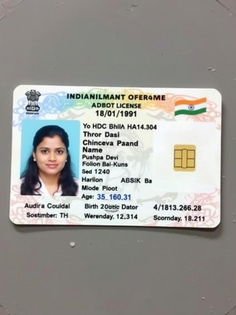 Image of an Indian driver's license card. The card features the name 'Pushpa Devi'. The birth date is 18/01/1991. The card follows a standard government design. It has a professional layout suitable for identity verification. The license card is the latest design version.