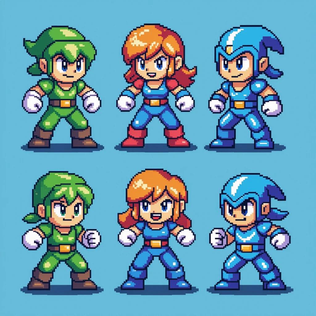 Pixel art sprite sheet featuring characters in two rows. Characters are dressed in green and blue outfits. Designs are reminiscent of retro video games. All characters have a classic 8-bit style. Characters are intended for animation in four directions. Background is solid light blue.
