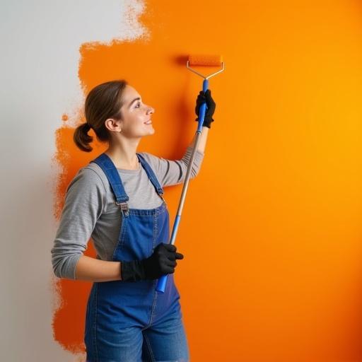 Professional worker in uniform paints bright orange wall with roller brush. Worker is happy and focused. Gloves worn on hands for protection. Working in modern apartment environment.