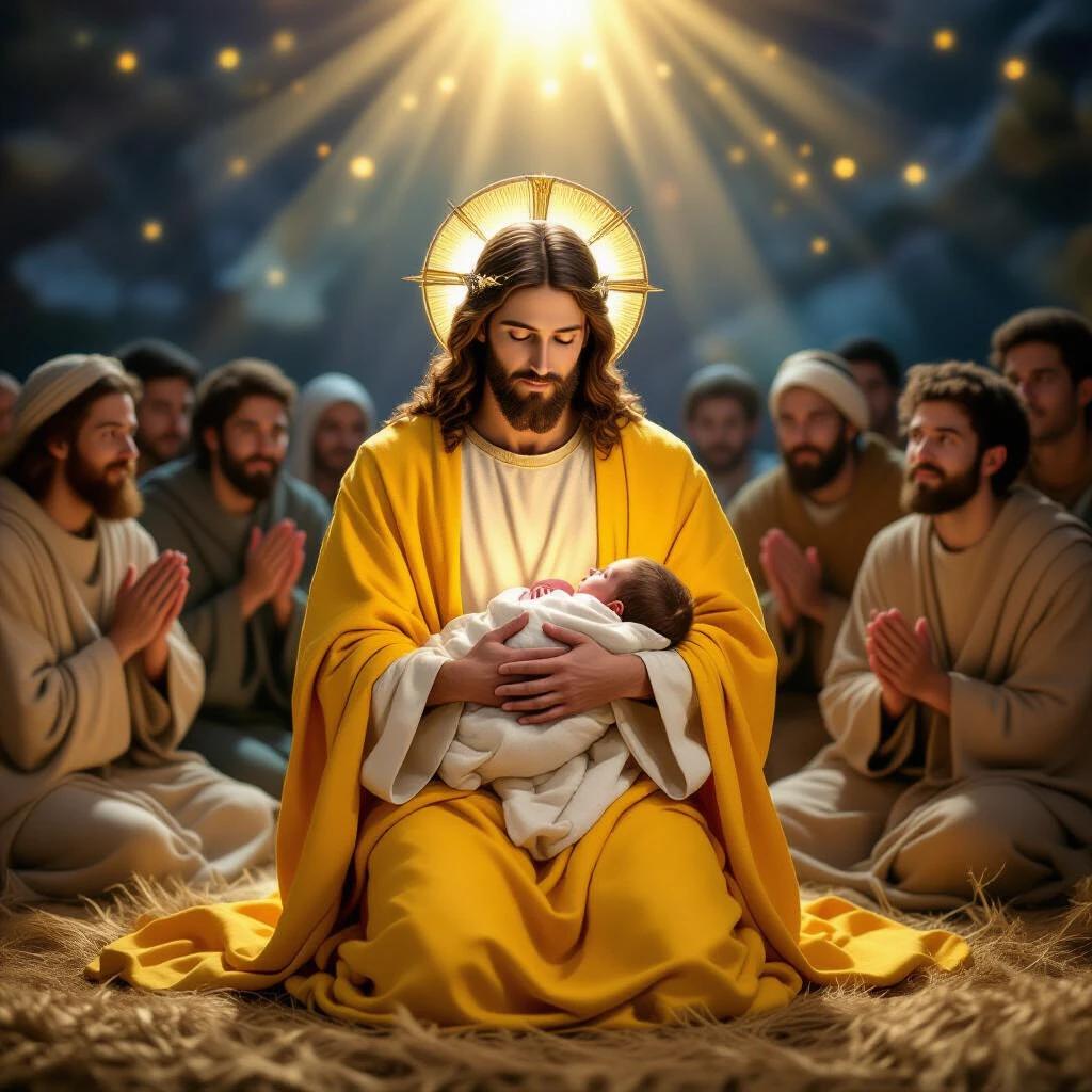 The scene depicts the nativity of Jesus Christ. Jesus is dressed in yellow robes and holds the baby in His arms. Surrounding figures in prayer add to the sacred atmosphere. Soft light radiates from above, creating a divine ambiance.
