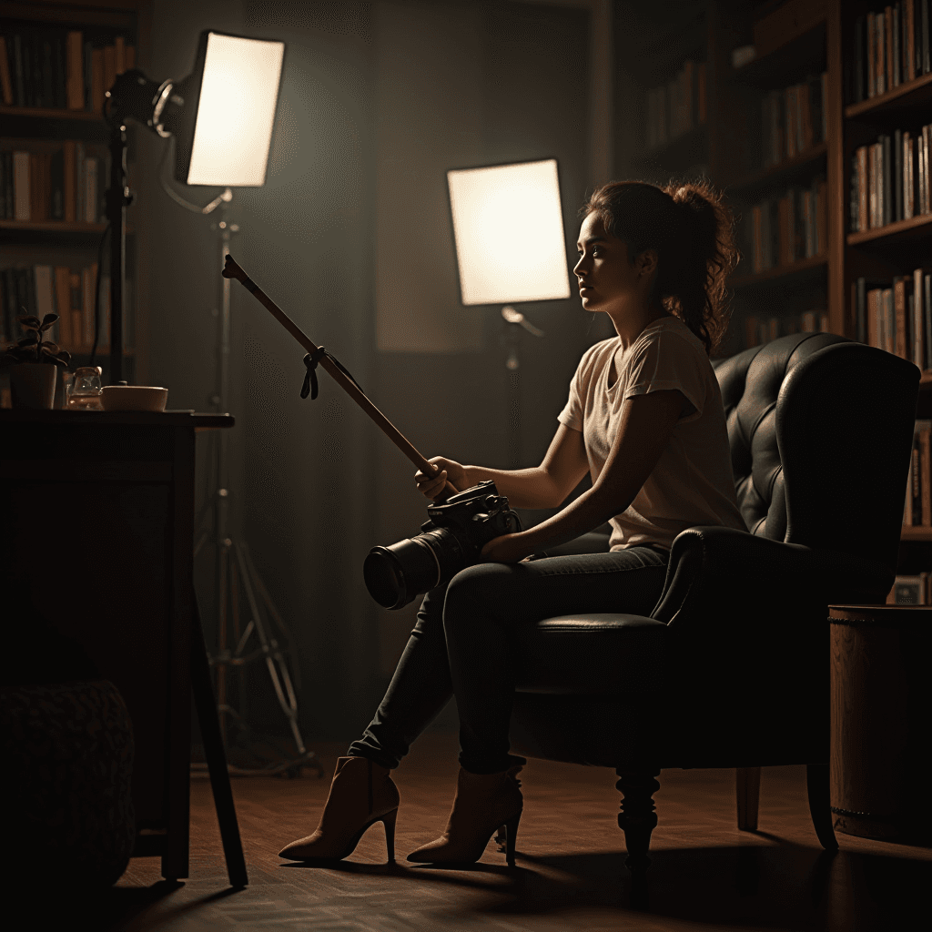 A photographer in a cozy studio setting adjusts her camera equipment, surrounded by shelves of books.