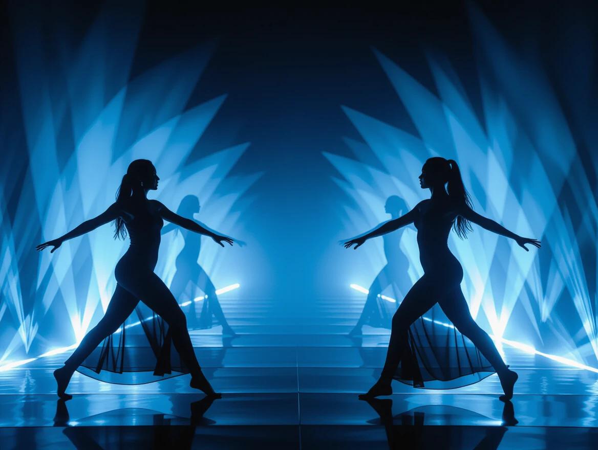 Dancers perform in a tunnel of dim blue light. The scene showcases multiple silhouettes in elegant poses. The background is a deep black emphasizing the light effects. The dancers display grace and strength. The image captures the essence of movement in dance with a modern artistic flair.