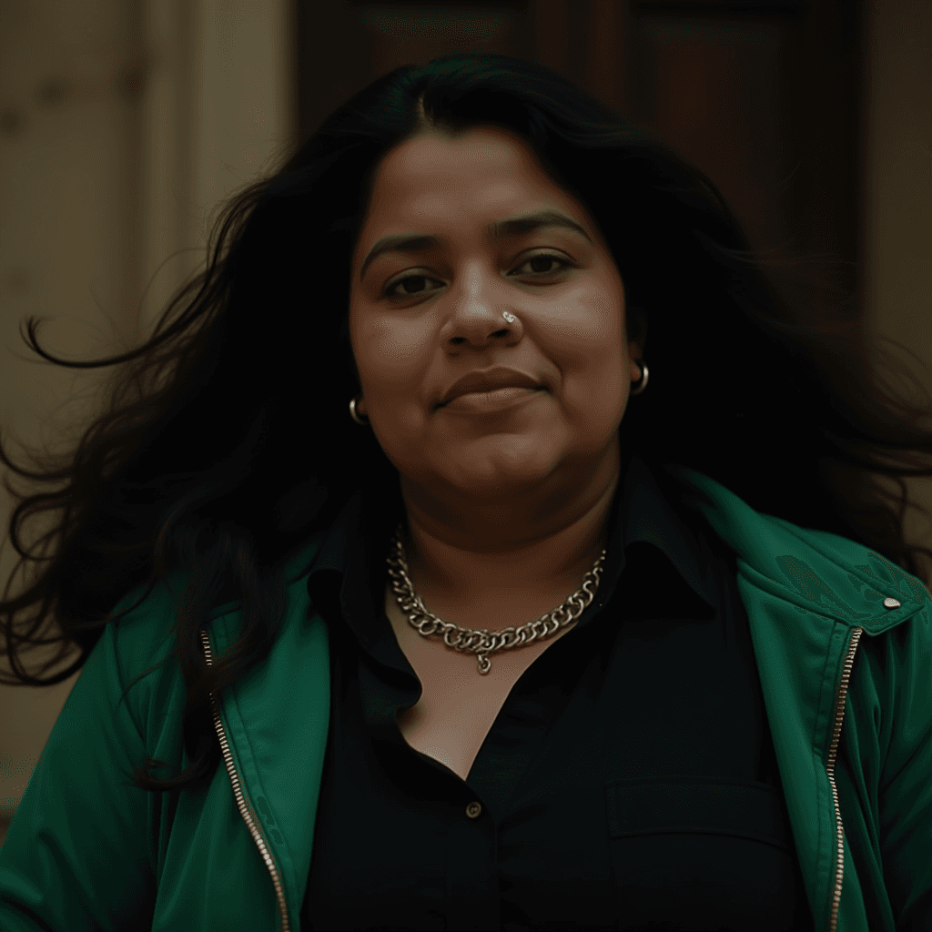 A confident woman with flowing hair stands outside, wearing a green jacket and chain necklace.