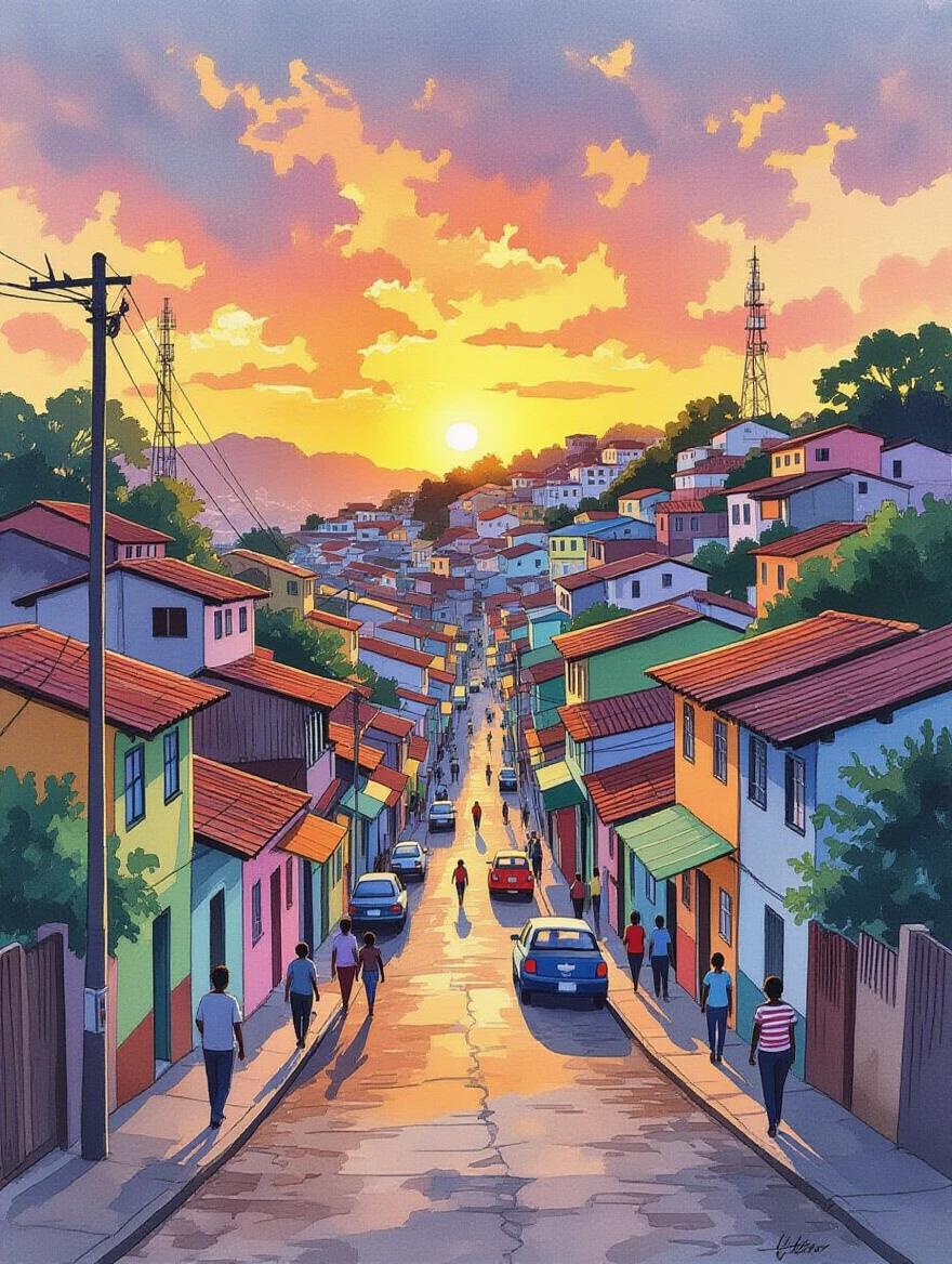 Watercolor scene depicting Brazilian favela. Sunset casts warm glow on colorful houses. Community transitions to nighttime festivities. Style inspired by Winslow Homer. Rich twilight hues dominate the scene.