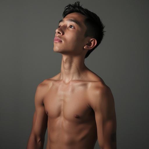 Photo features a fit boy with a neutral expression. He is standing in a relaxed pose. The background is simple and gray. The lighting is soft and highlights his physique.