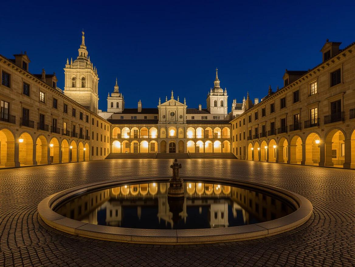 Night view of Monasterio de El Escorial. Mysterious lighting creates a cinematic atmosphere.